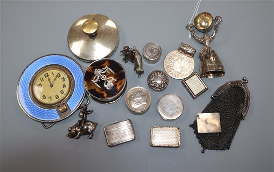 A small collection of silver and white metal items including enamel desk clock, tortoiseshell, silver box etc